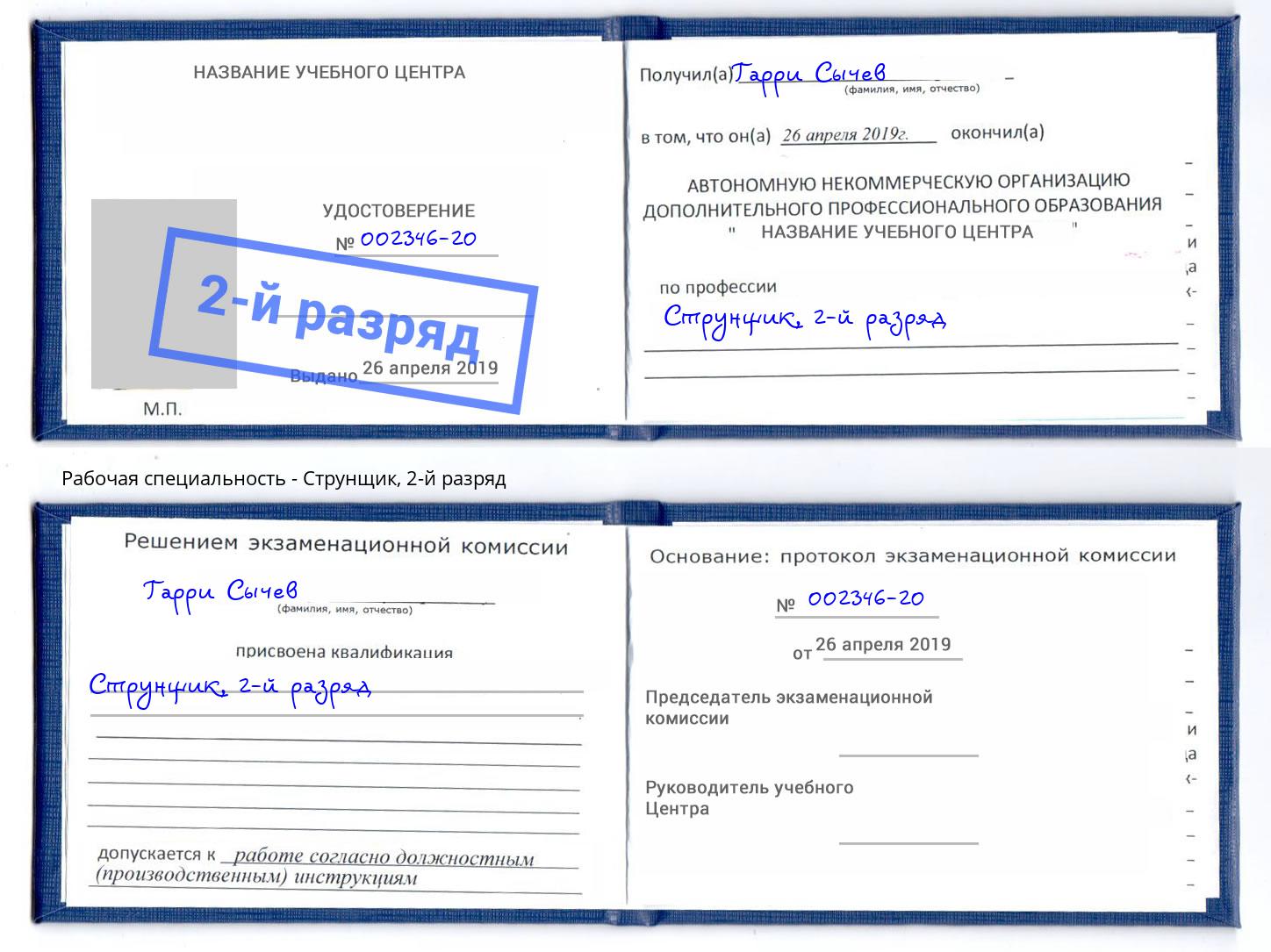 корочка 2-й разряд Струнщик Новодвинск