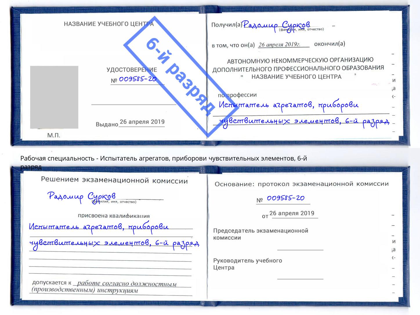 корочка 6-й разряд Испытатель агрегатов, приборови чувствительных элементов Новодвинск