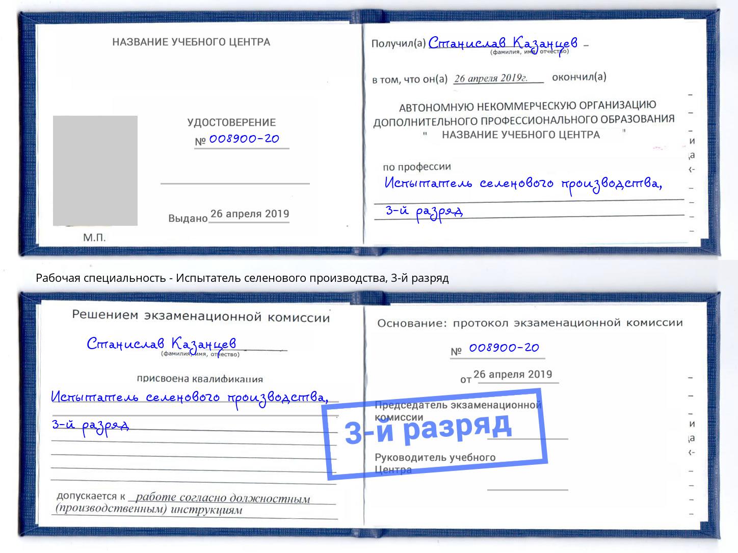 корочка 3-й разряд Испытатель селенового производства Новодвинск