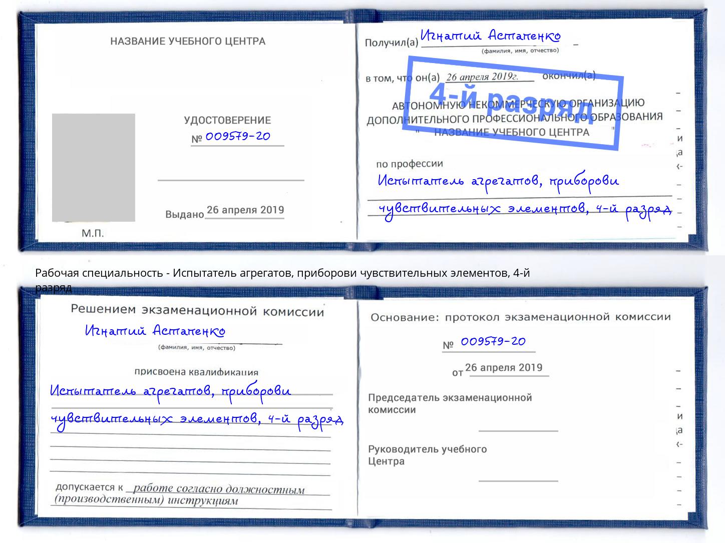 корочка 4-й разряд Испытатель агрегатов, приборови чувствительных элементов Новодвинск