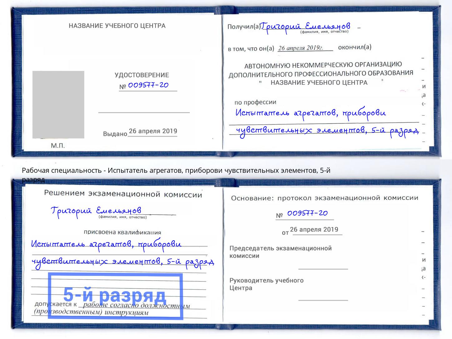 корочка 5-й разряд Испытатель агрегатов, приборови чувствительных элементов Новодвинск