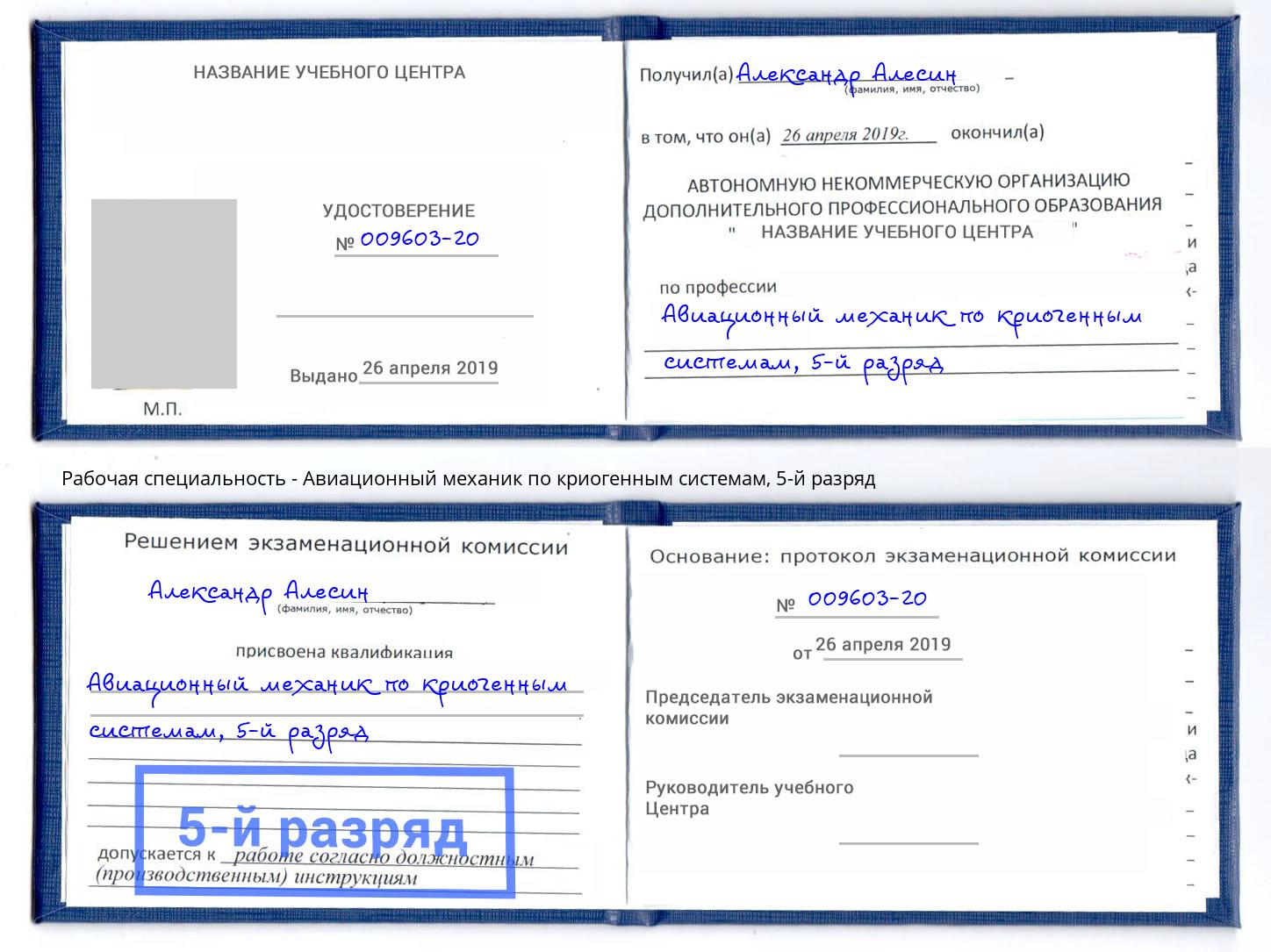 корочка 5-й разряд Авиационный механик по криогенным системам Новодвинск