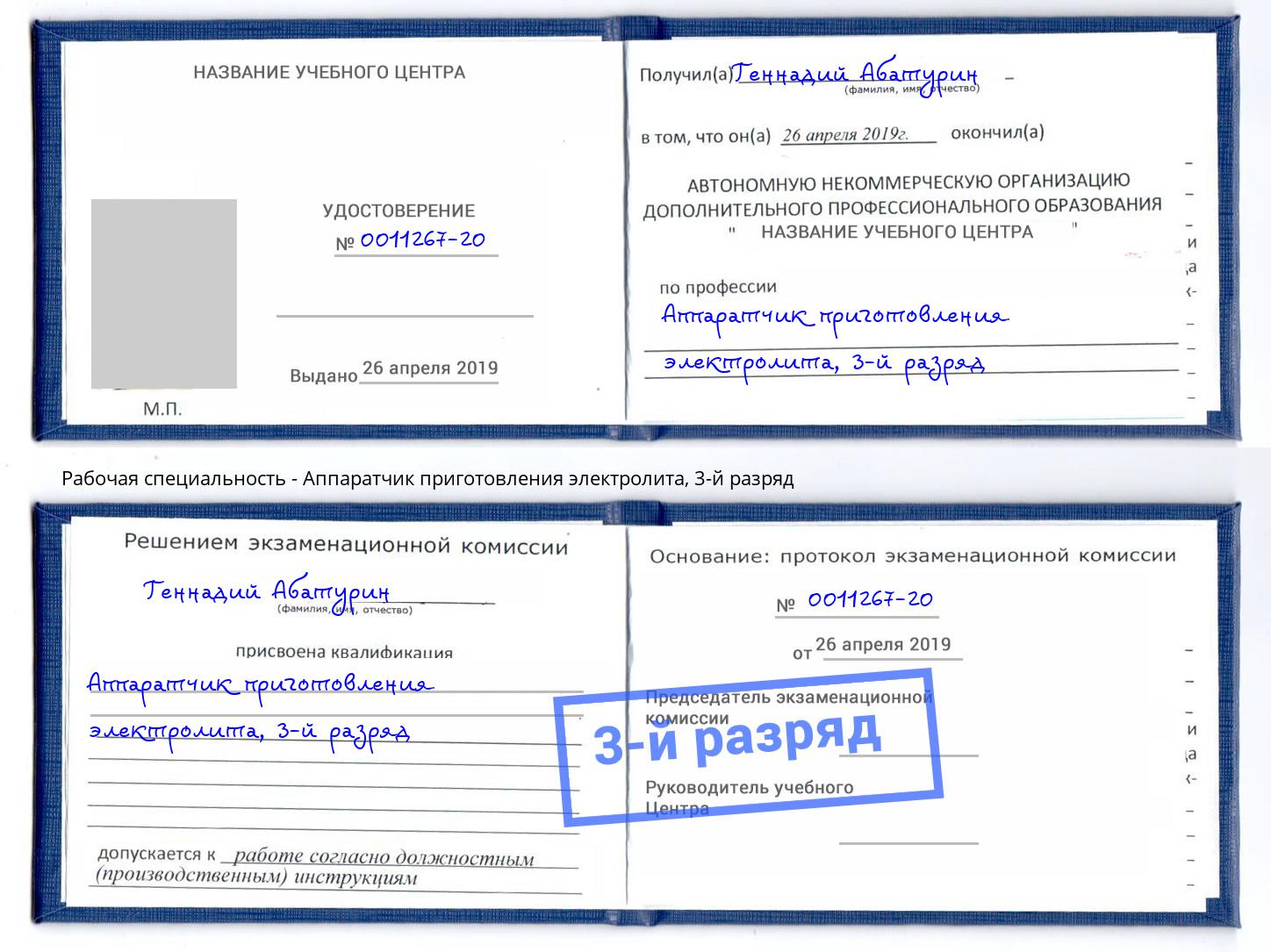 корочка 3-й разряд Аппаратчик приготовления электролита Новодвинск