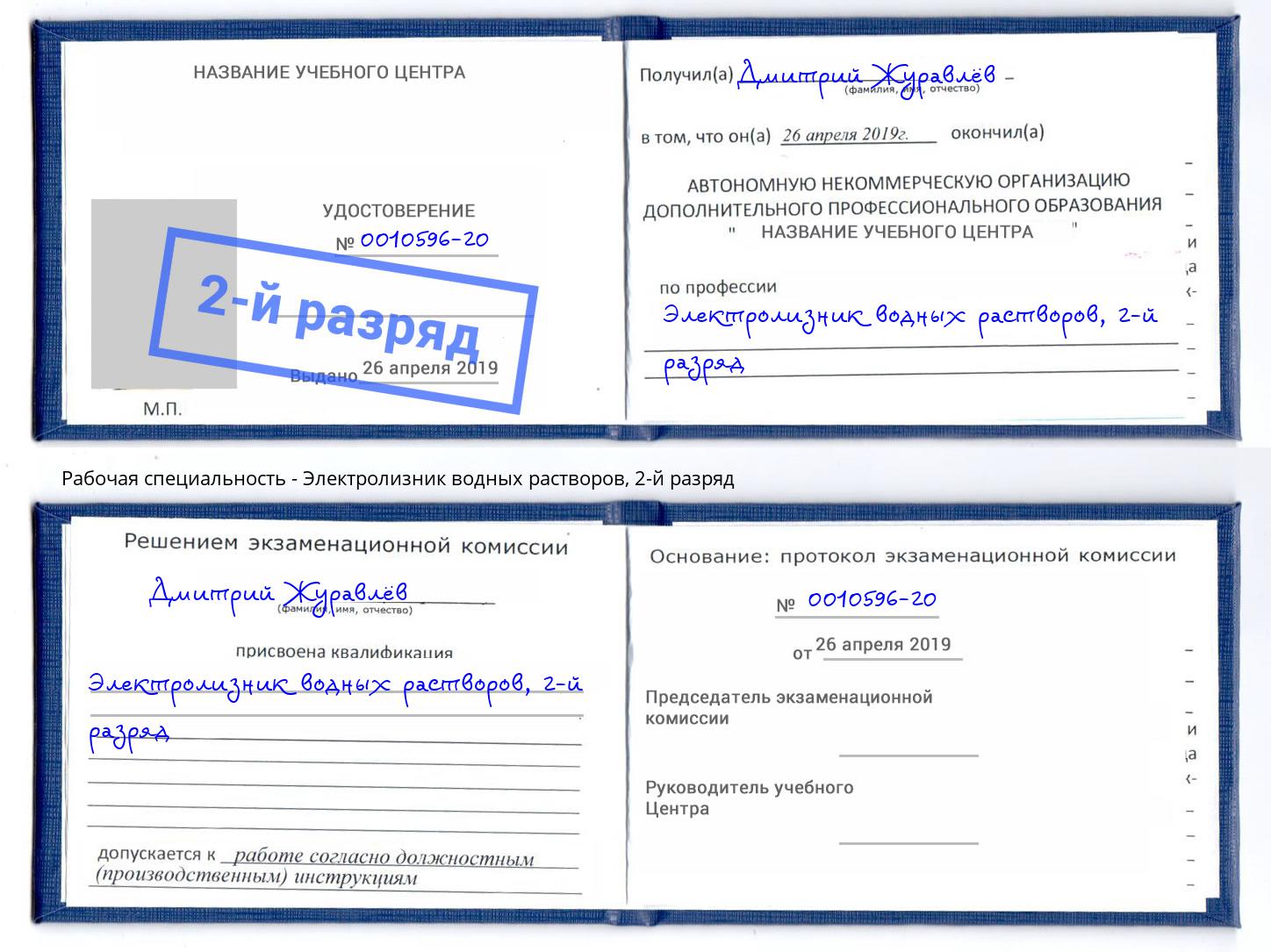 корочка 2-й разряд Электролизник водных растворов Новодвинск