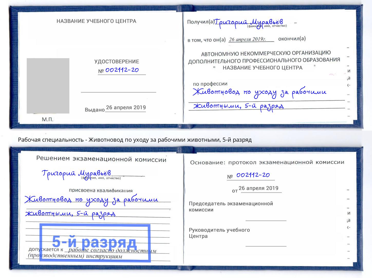 корочка 5-й разряд Животновод по уходу за рабочими животными Новодвинск