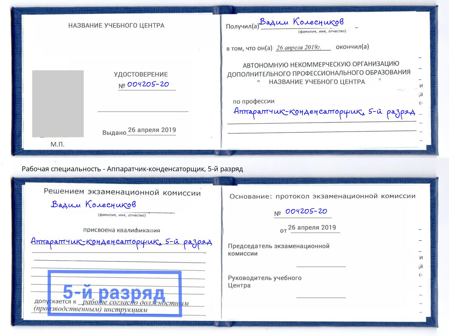 корочка 5-й разряд Аппаратчик-конденсаторщик Новодвинск