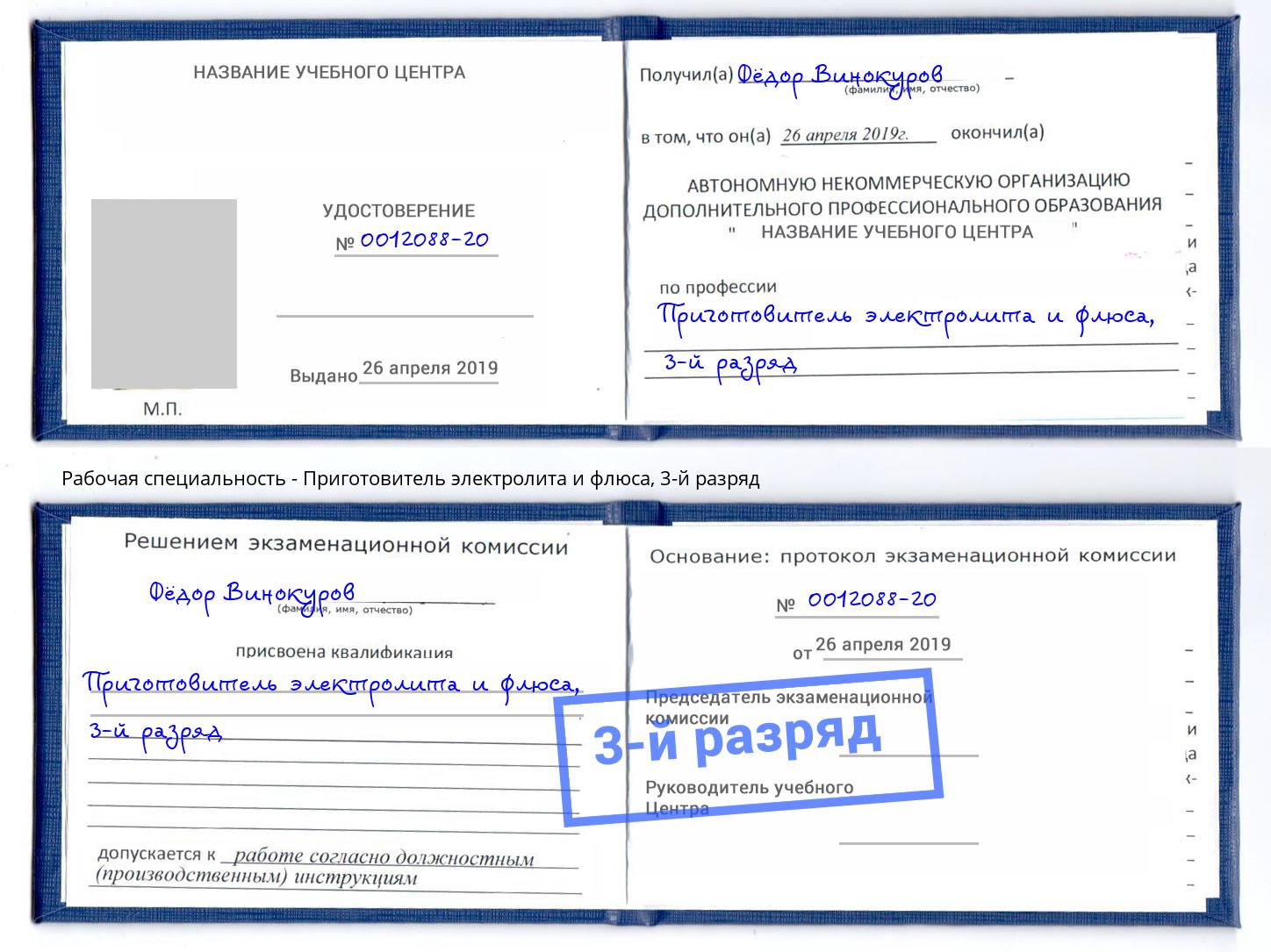 корочка 3-й разряд Приготовитель электролита и флюса Новодвинск