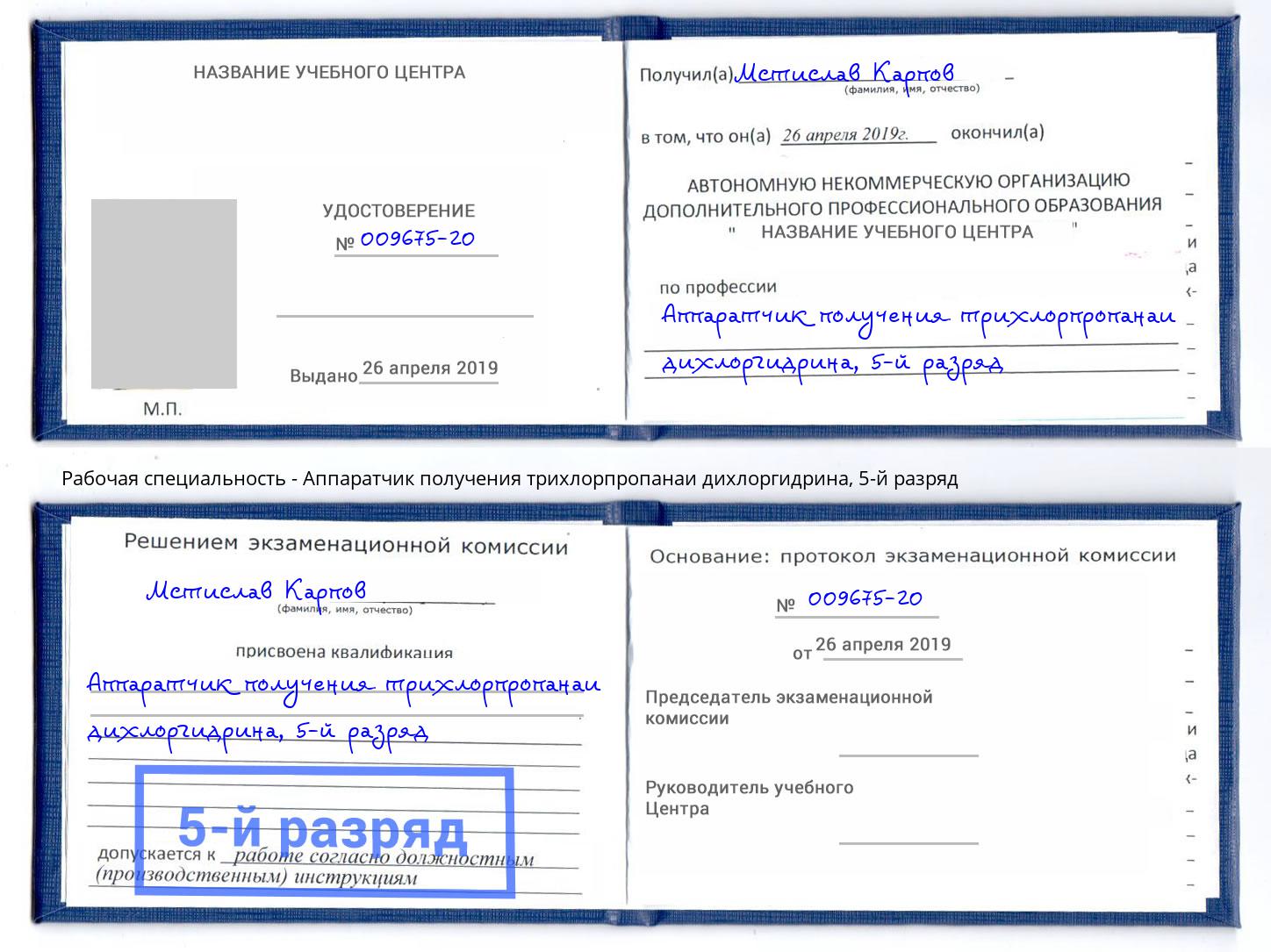 корочка 5-й разряд Аппаратчик получения трихлорпропанаи дихлоргидрина Новодвинск