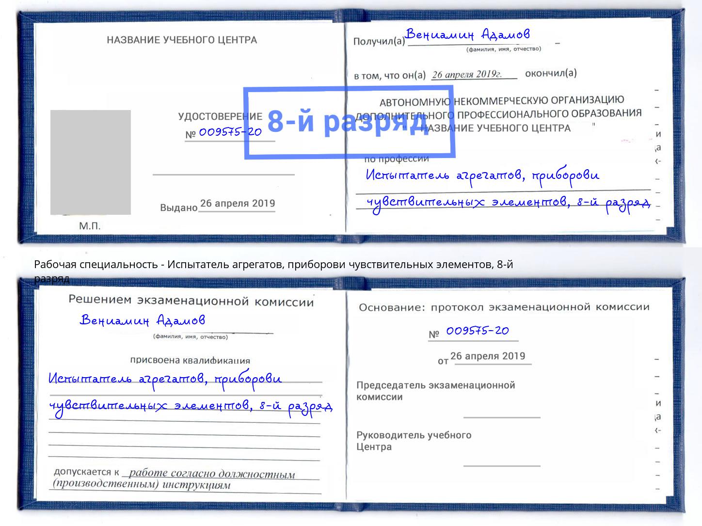 корочка 8-й разряд Испытатель агрегатов, приборови чувствительных элементов Новодвинск